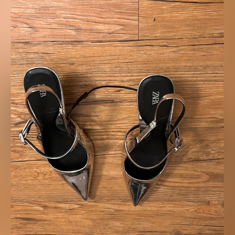 Zara Silver Pointed-Toe Slingback Heels - Picture 3 of 5